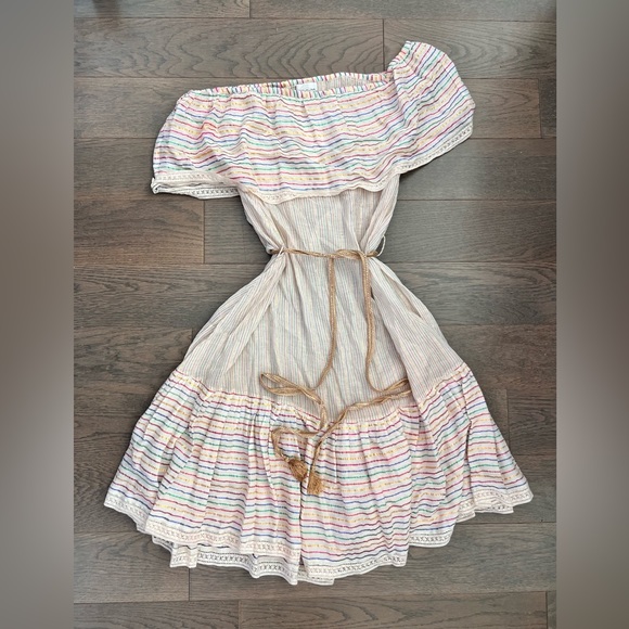 Miguelina Rainbow Stripe Off The Shoulder Ruffle A-Line Dress - Picture 3 of 4